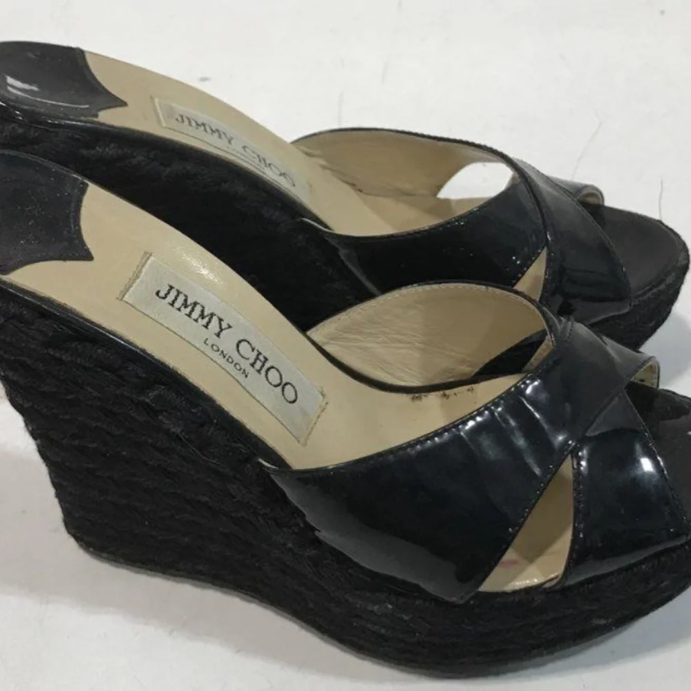 Women’s Jimmy Choo Black Patent Platform Espadrille Wedge Heels Sandals Size 37